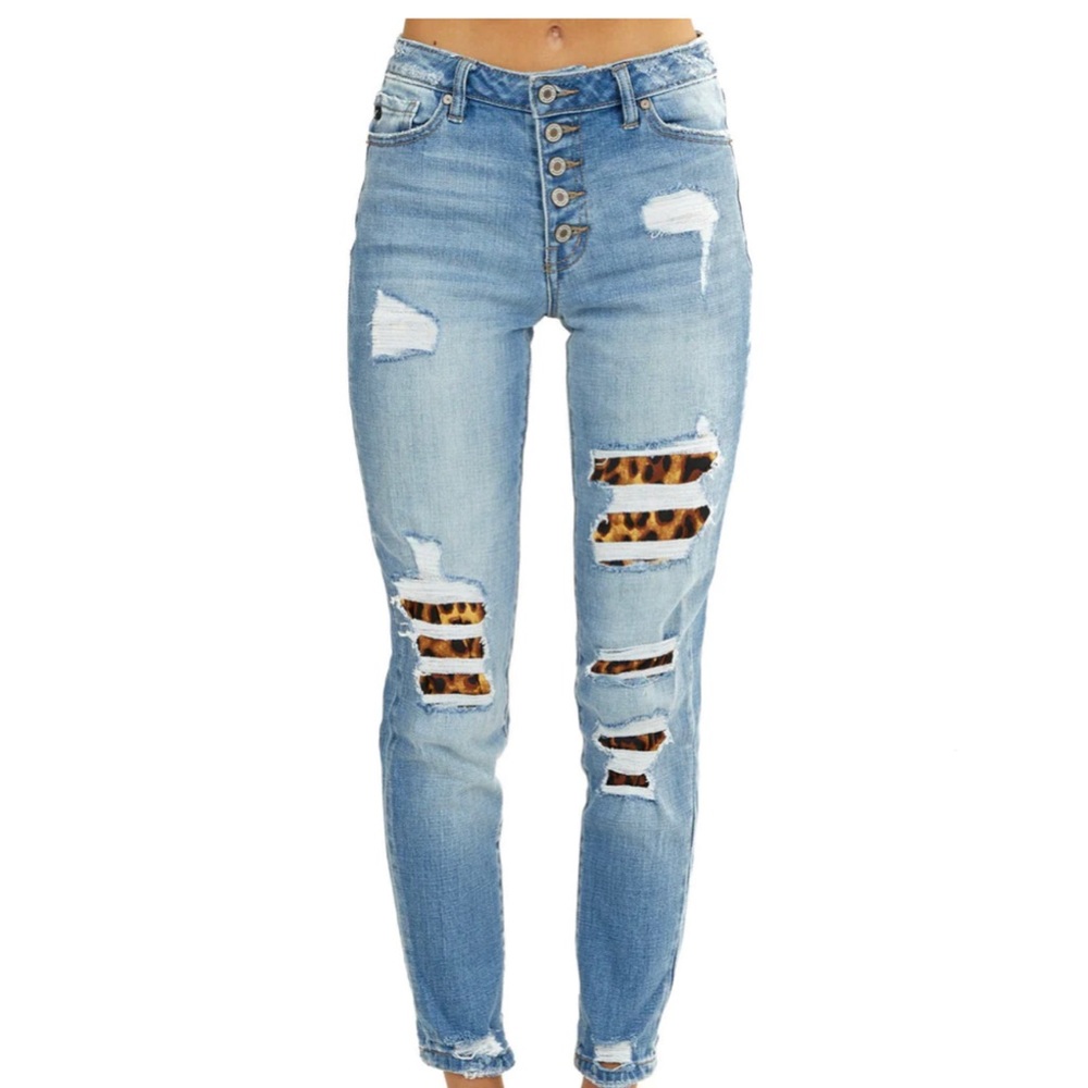 Kancan Light Wash High Rise Boyfriend Jeans With Leopard Patches